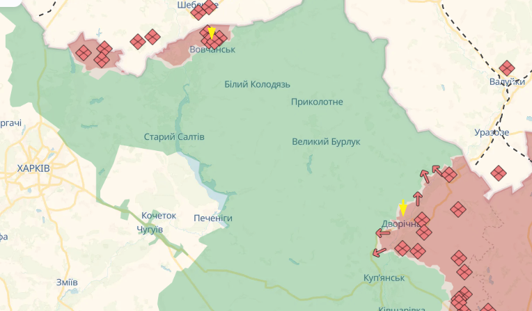Мапа бойовий дій поблизу Вовчанськом та Дворічної, травень 2025 року, джерело DeepState