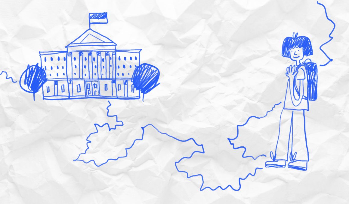 скетч дитина з рюкзаком, дорога до адмінбудівлі